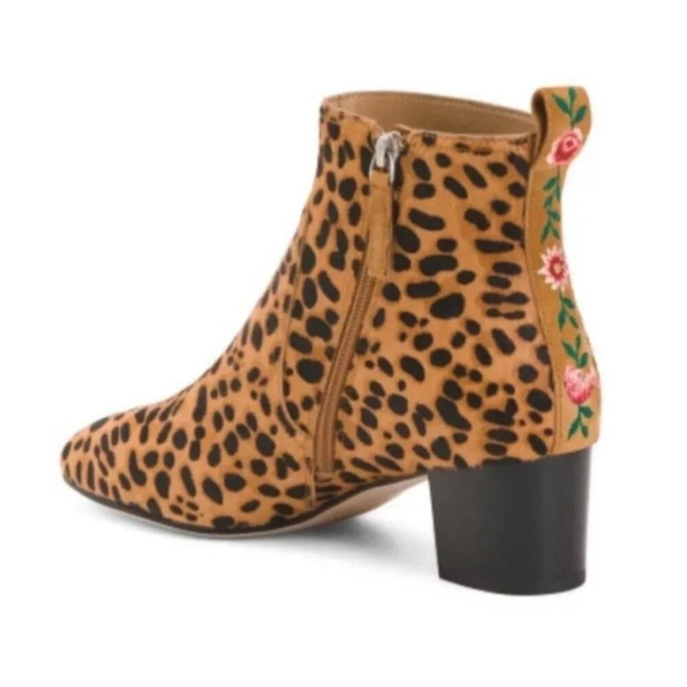 Johnny Was Leopard Boot 7.5 Ankle Calf Hair Leather Bootie Embroidered Floral